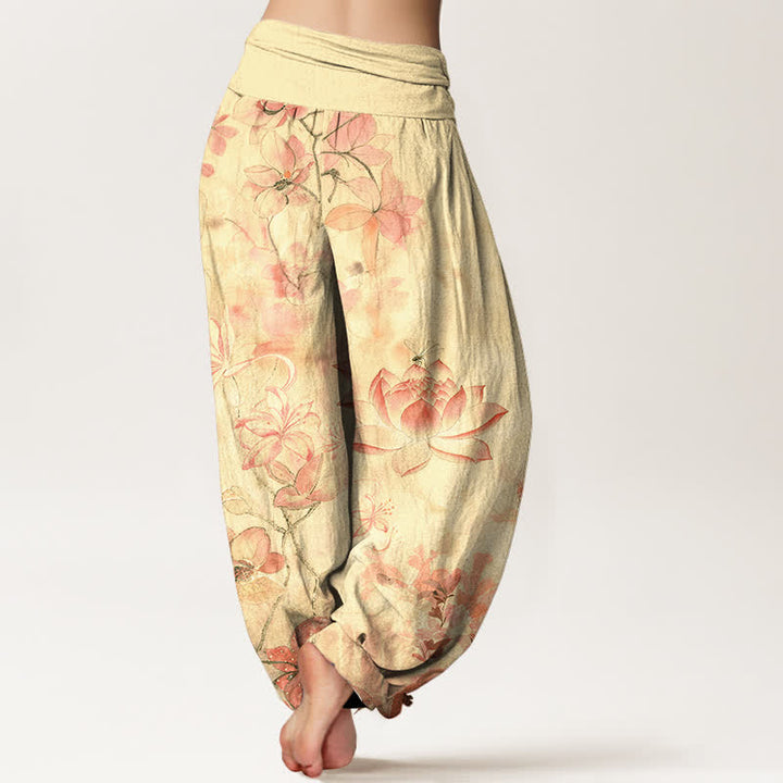 Buddha Stones コットン素材の蓮の花とトンボ柄のレディース用ゴムウエストハーレムパンツ - image 9