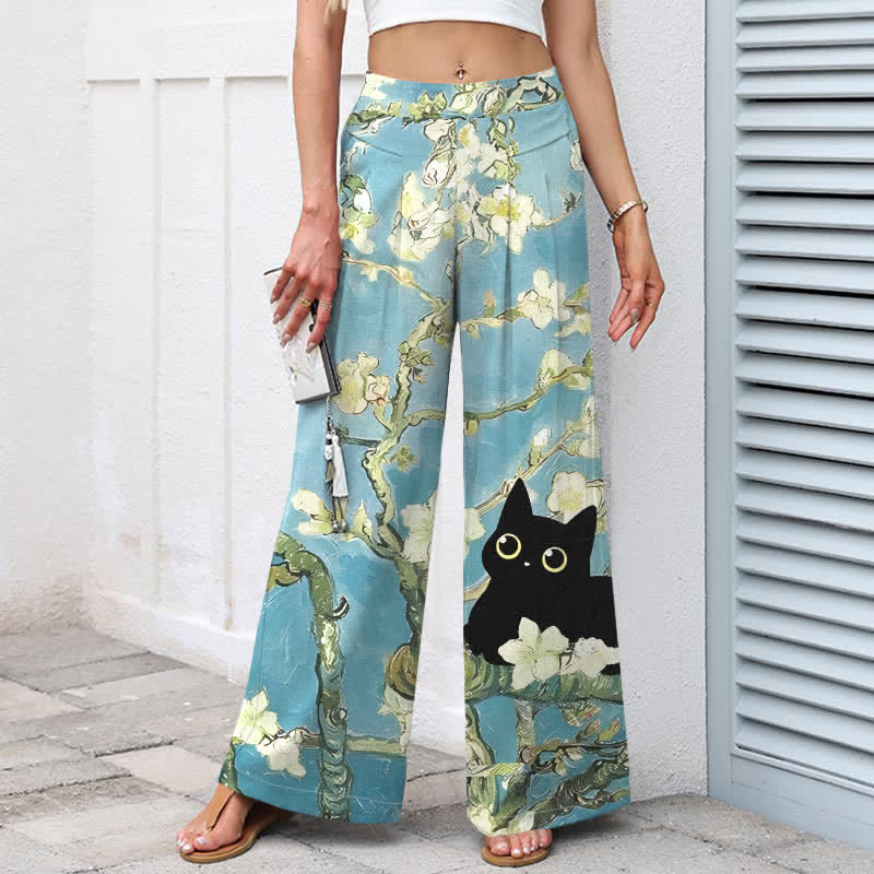 Buddha Stones コットンリネン素材、ブルーの花柄猫模様、ウエストゴム、ワイドレッグ、ポケット付きレディースパンツ - image 1