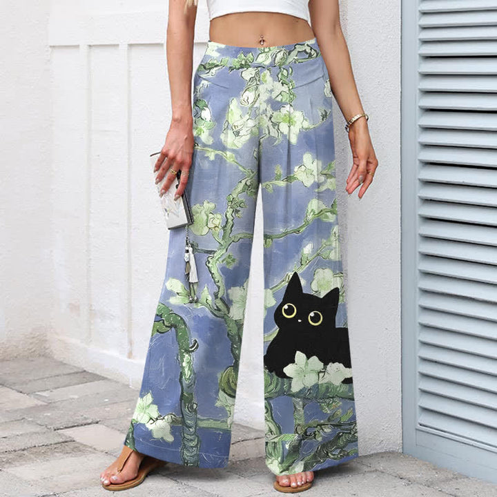 Buddha Stones コットンリネン素材、ブルーの花柄猫模様、ウエストゴム、ワイドレッグ、ポケット付きレディースパンツ - image 5
