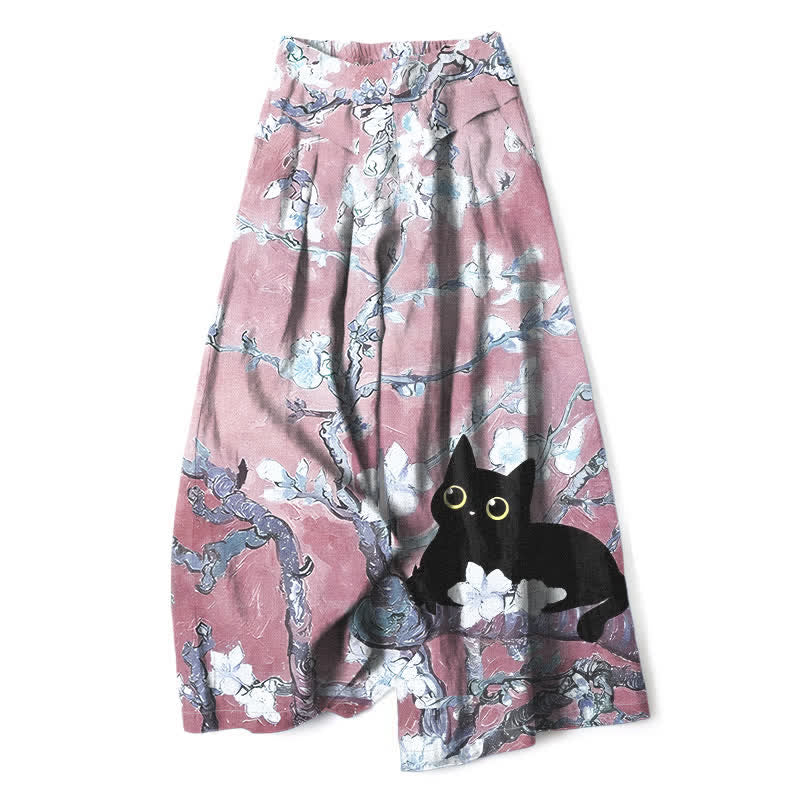Buddha Stones コットンリネン素材、ブルーの花柄猫模様、ウエストゴム、ワイドレッグ、ポケット付きレディースパンツ - ライトピンク - US16、 UK/AU20、 EU48 (3XL) - image 6