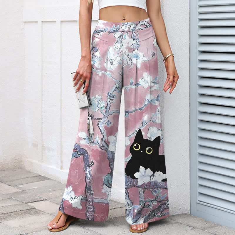 Buddha Stones コットンリネン素材、ブルーの花柄猫模様、ウエストゴム、ワイドレッグ、ポケット付きレディースパンツ - image 7