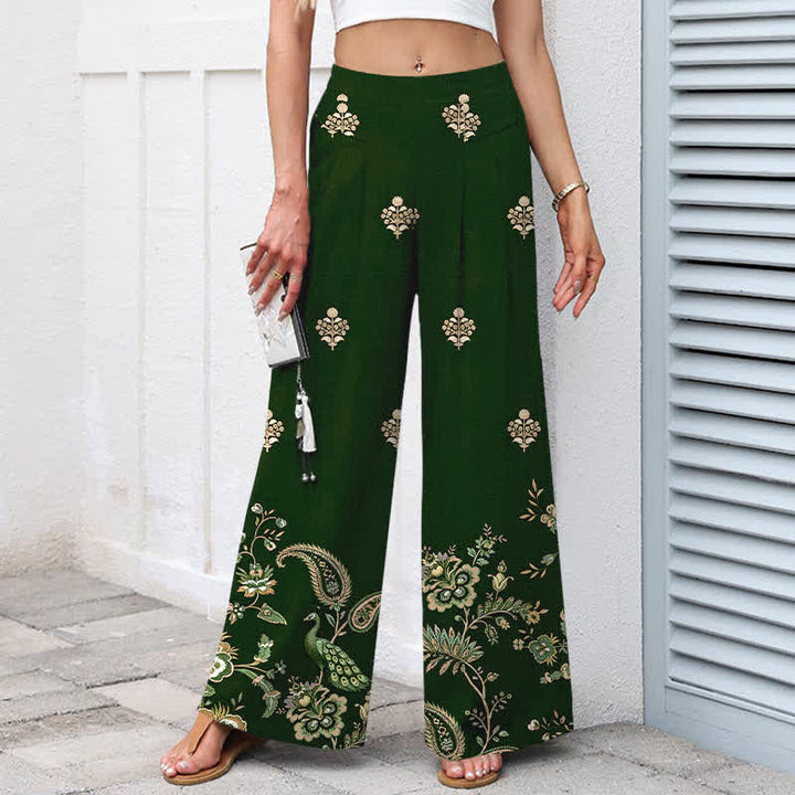Buddha Stones コットンリネン ボヘミアン風花柄ペイズリー柄 レディース ゴムウエスト ワイドレッグパンツ ポケット付き - image 1