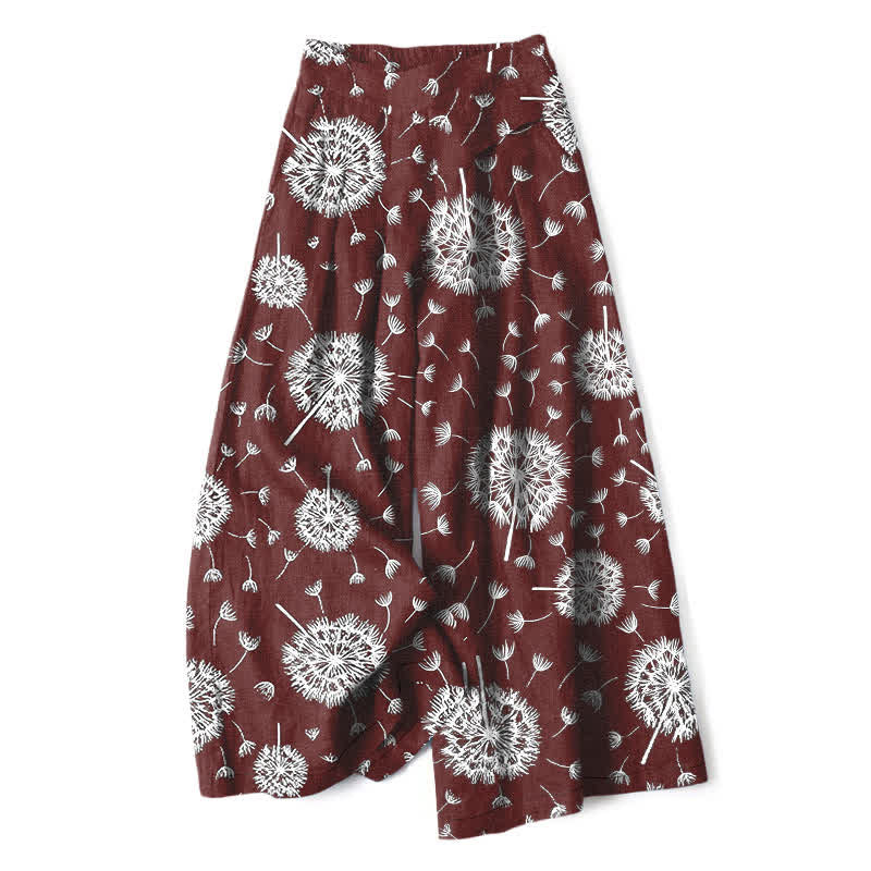 Buddha Stones コットンリネン素材、白のタンポポ柄、レディース用ゴムウエストワイドレッグパンツ（ポケット付き） - マルーン - US16、 UK/AU20、 EU48 (3XL) - image 6