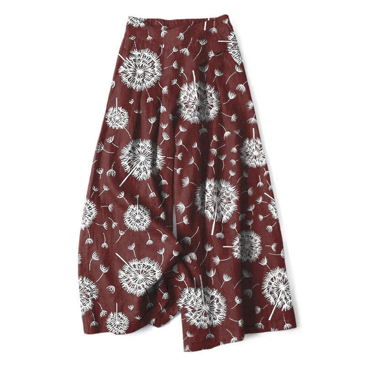 Buddha Stones コットンリネン素材、白のタンポポ柄、レディース用ゴムウエストワイドレッグパンツ（ポケット付き） - マルーン - US16、 UK/AU20、 EU48 (3XL) - image 6