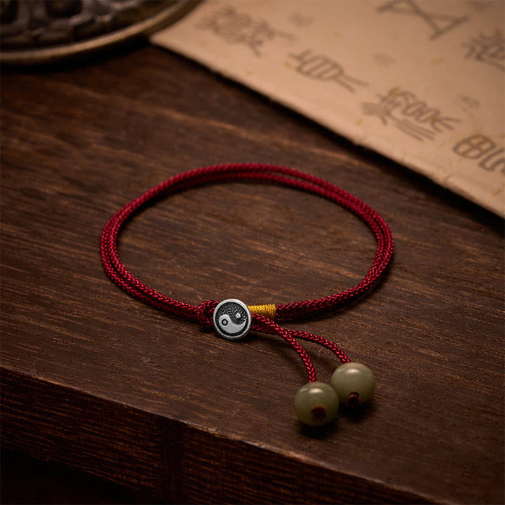 Buddha Stones 925スターリングシルバー製ハンドメイドラウンド陰陽保護ヴィンテージ編み込み赤紐ブレスレット - シルバー（良縁祈願♥穏やかさ） - image 0