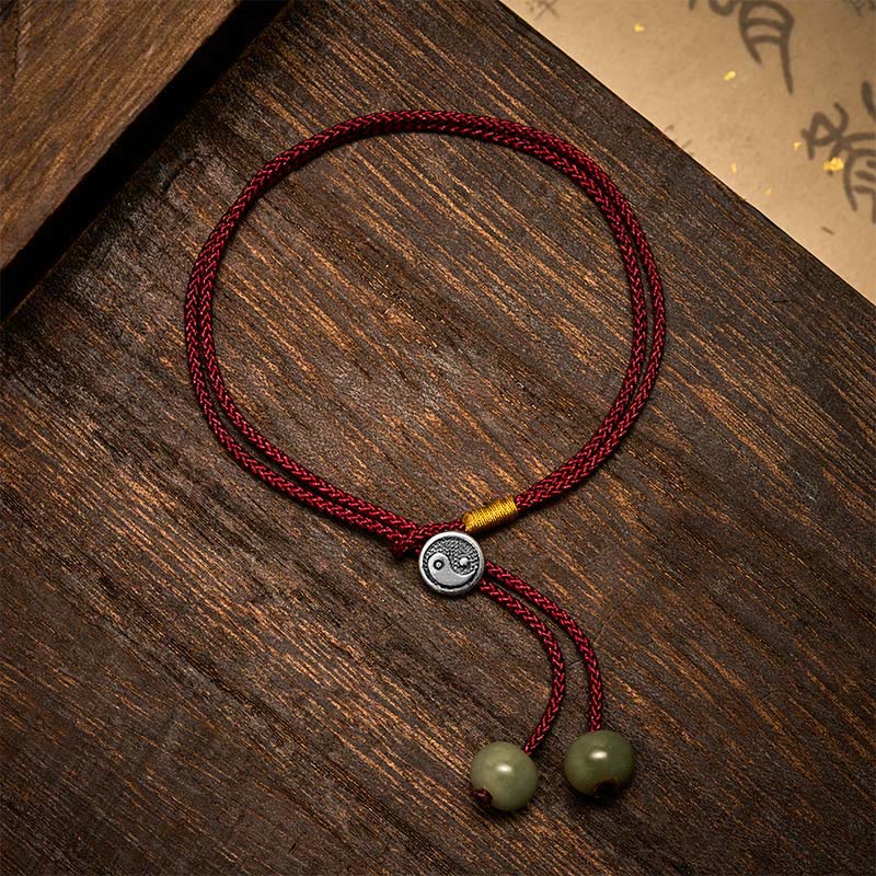 Buddha Stones 925スターリングシルバー製ハンドメイドラウンド陰陽保護ヴィンテージ編み込み赤紐ブレスレット - image 1