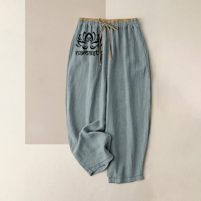 Buddha Stones 純綿素材、ナマステロータス柄、レディース用ゴムウエストパンツ（ポケット付き） - カデットブルー - US16、 UK/AU20、 EU48 (3XL) - image 8