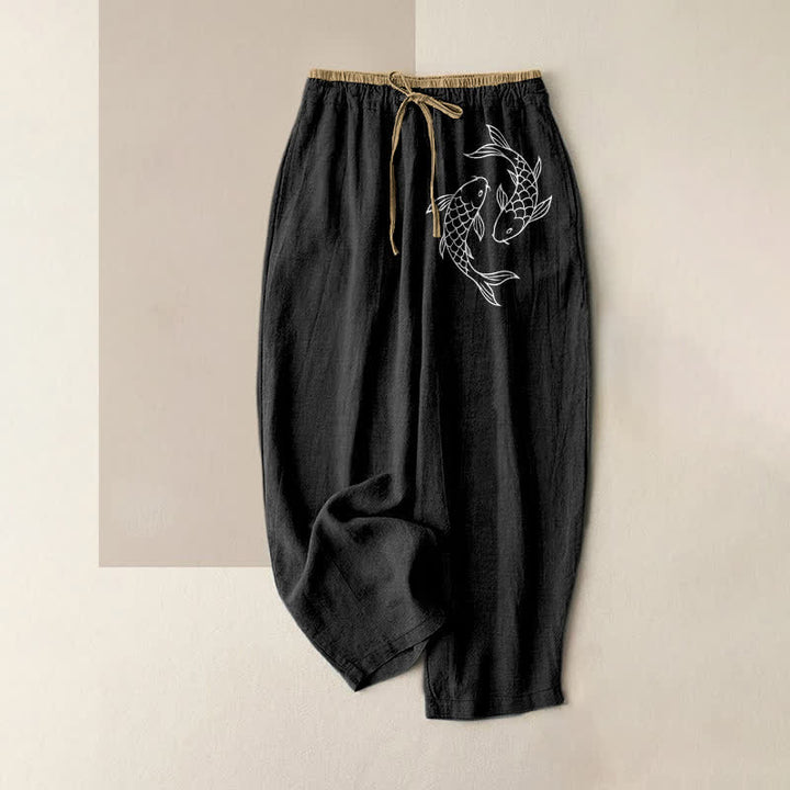 Buddha Stones 純綿素材、鯉入り、ポケット付きレディースパンツ - 黒 - US16、 UK/AU20、 EU48 (3XL) - image 4