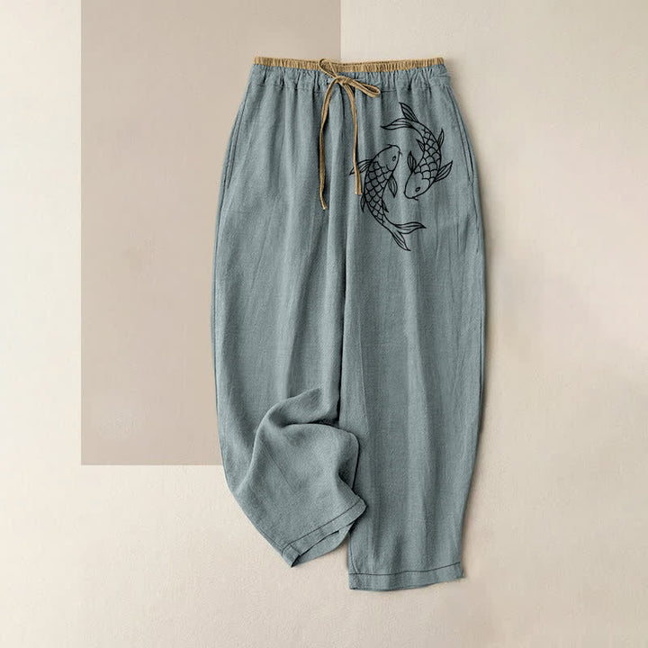 Buddha Stones 純綿素材、鯉入り、ポケット付きレディースパンツ - カデットブルー - US16、 UK/AU20、 EU48 (3XL) - image 0