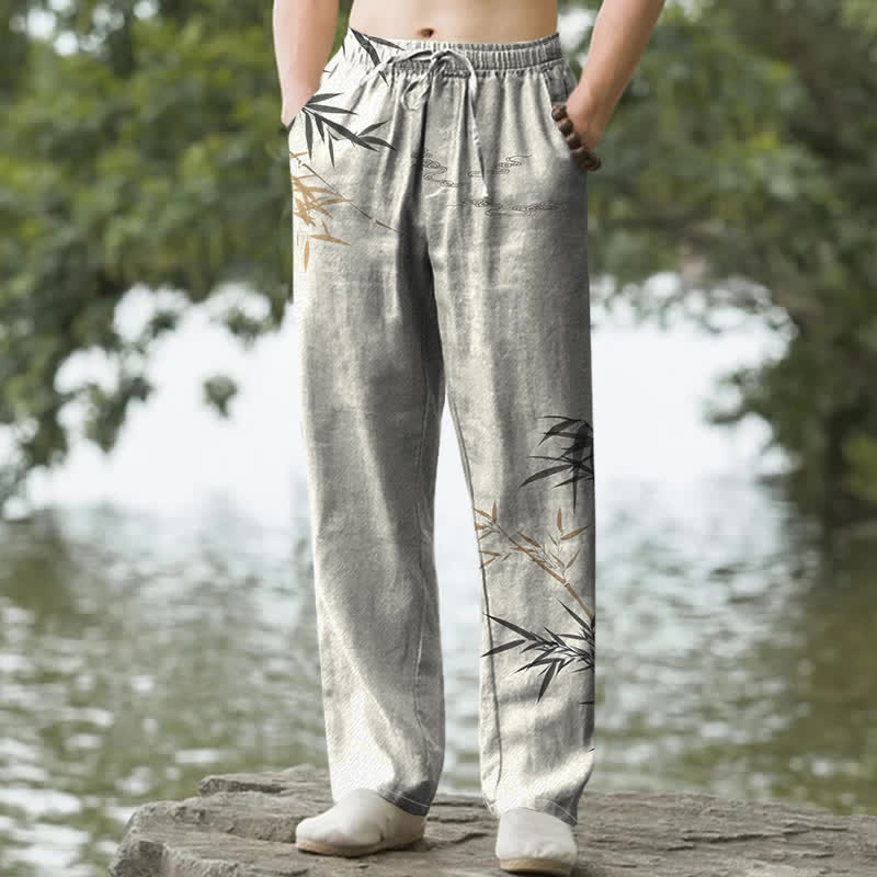 Buddha Stones コットンインク竹柄メンズテーパードパンツ（ポケット付き） - リネン - US/UK/AU50、EU60（5XL） - image 0
