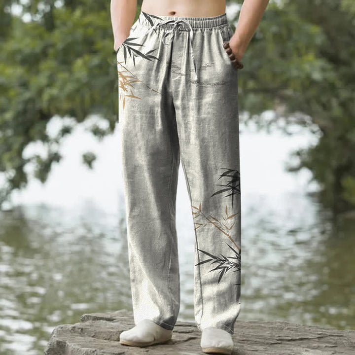 Buddha Stones コットンインク竹柄メンズテーパードパンツ（ポケット付き） - リネン - US/UK/AU50、EU60（5XL） - image 0