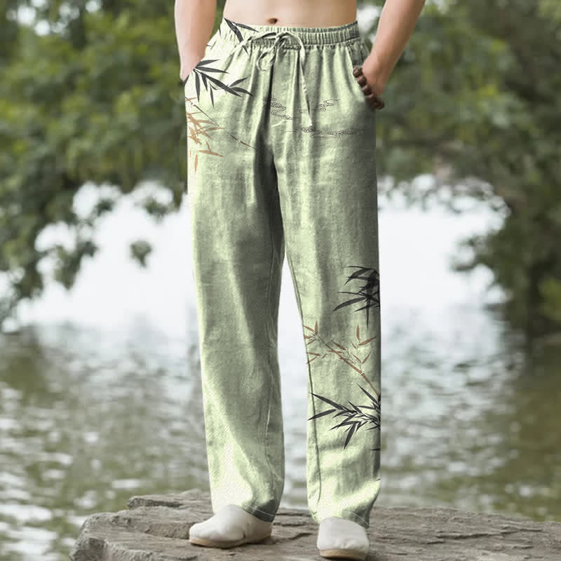 Buddha Stones コットンインク竹柄メンズテーパードパンツ（ポケット付き） - ライトグリーン - US/UK/AU50、EU60（5XL） - image 4