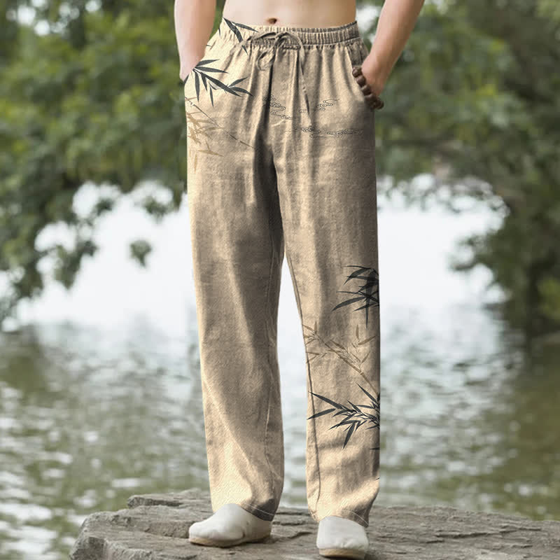Buddha Stones コットンインク竹柄メンズテーパードパンツ（ポケット付き） - タン - US/UK/AU50、EU60（5XL） - image 6