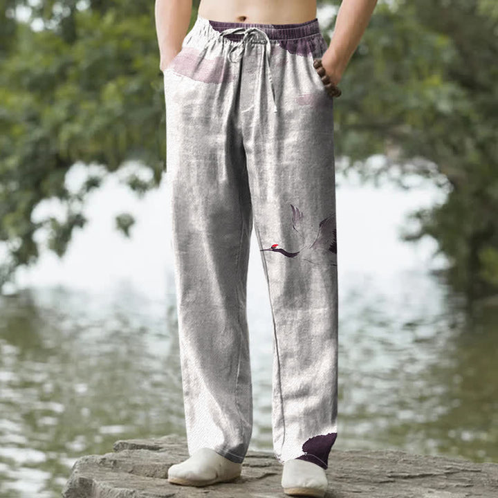 Buddha Stones 綿素材、タンチョウヅル柄、メンズテーパードパンツ（ポケット付き） - シエナ - US/UK/AU50、EU60（5XL） - image 4