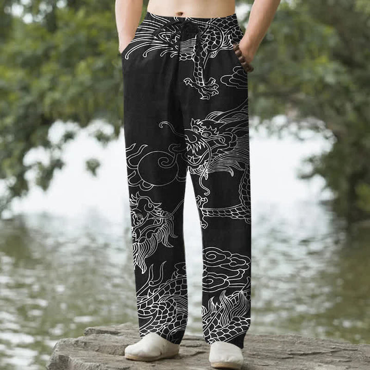 Buddha Stones 綿素材、東洋風龍雲柄、メンズテーパードパンツ（ポケット付き） - 黒 - US/UK/AU50、EU60（5XL） - image 0
