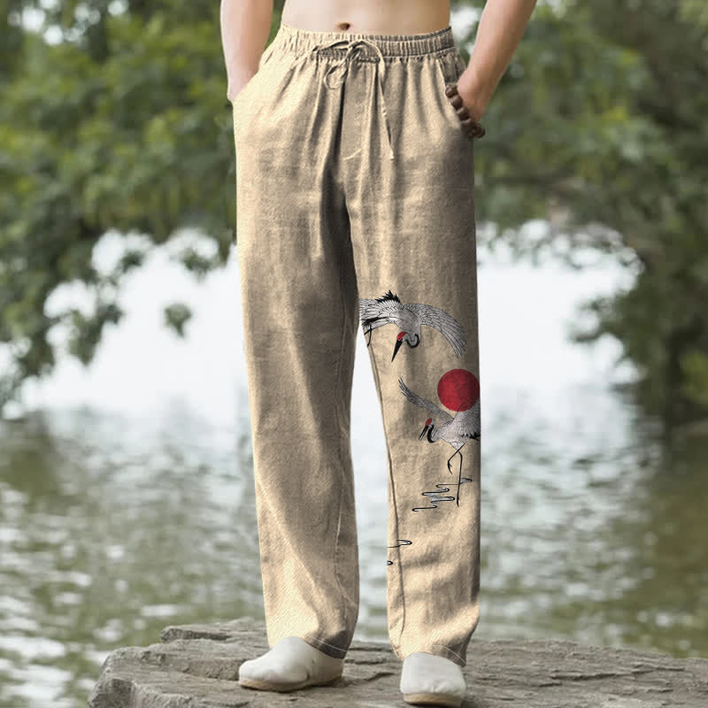 Buddha Stones 綿素材、赤い太陽鶴柄、メンズテーパードパンツ（ポケット付き） - 小麦 - US/UK/AU50、EU60（5XL） - image 4