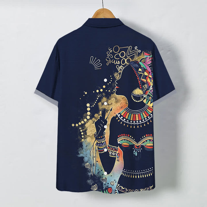 Buddha Stones 部族の女性シルエット柄ボタン付き通気性メンズ半袖シャツ - image 11
