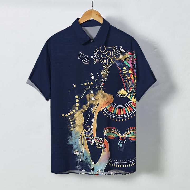 Buddha Stones 部族の女性シルエット柄ボタン付き通気性メンズ半袖シャツ - 海軍 - US/UK/AU48、 EU58 (4XL) - image 10