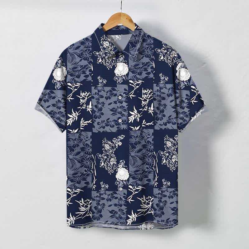 Buddha Stones ブルーのチェック柄花柄ボタン付き通気性メンズ半袖シャツ - 海軍 - US/UK/AU48、 EU58 (4XL) - image 0