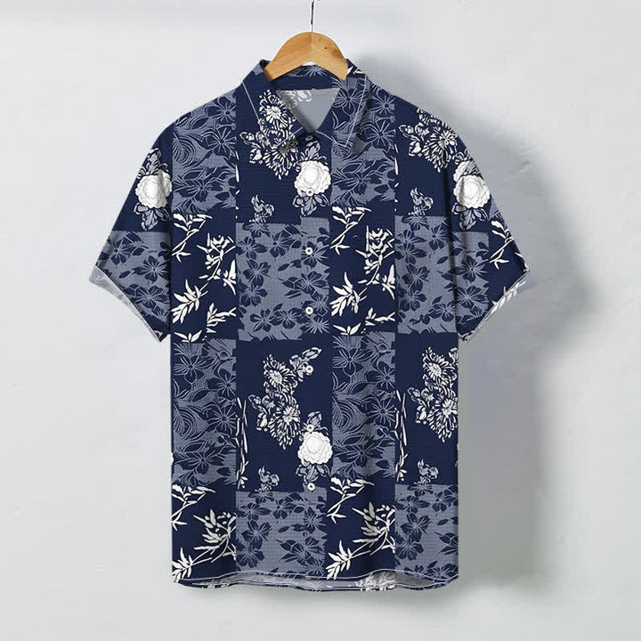 Buddha Stones ブルーのチェック柄花柄ボタン付き通気性メンズ半袖シャツ - 海軍 - US/UK/AU48、 EU58 (4XL) - image 0
