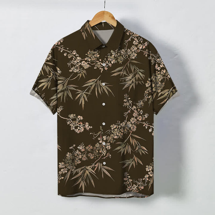 Buddha Stones 竹と梅の花柄ボタン付き通気性メンズ半袖シャツ - サドルブラウン - US/UK/AU48、 EU58 (4XL) - image 0