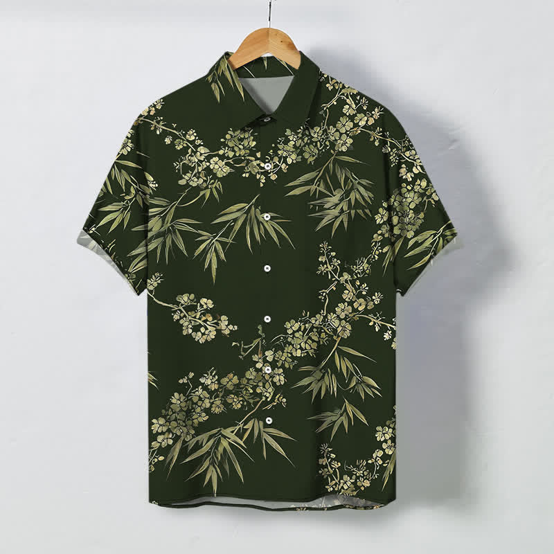 Buddha Stones 竹と梅の花柄ボタン付き通気性メンズ半袖シャツ - ダークグリーン - US/UK/AU48、 EU58 (4XL) - image 5