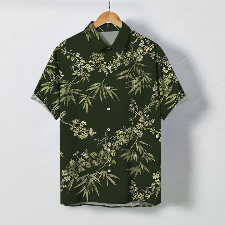 Buddha Stones 竹と梅の花柄ボタン付き通気性メンズ半袖シャツ - ダークグリーン - US/UK/AU48、 EU58 (4XL) - image 5