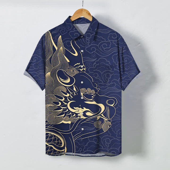 Buddha Stones 金龍雲模様ボタン付きしわになりにくいメンズ半袖シャツ - 海軍 - US/UK/AU48、 EU58 (4XL) - image 0
