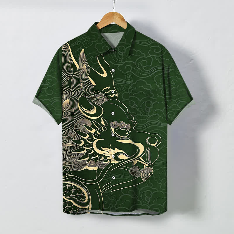 Buddha Stones 金龍雲模様ボタン付きしわになりにくいメンズ半袖シャツ - フォレストグリーン - US/UK/AU48、 EU58 (4XL) - image 10