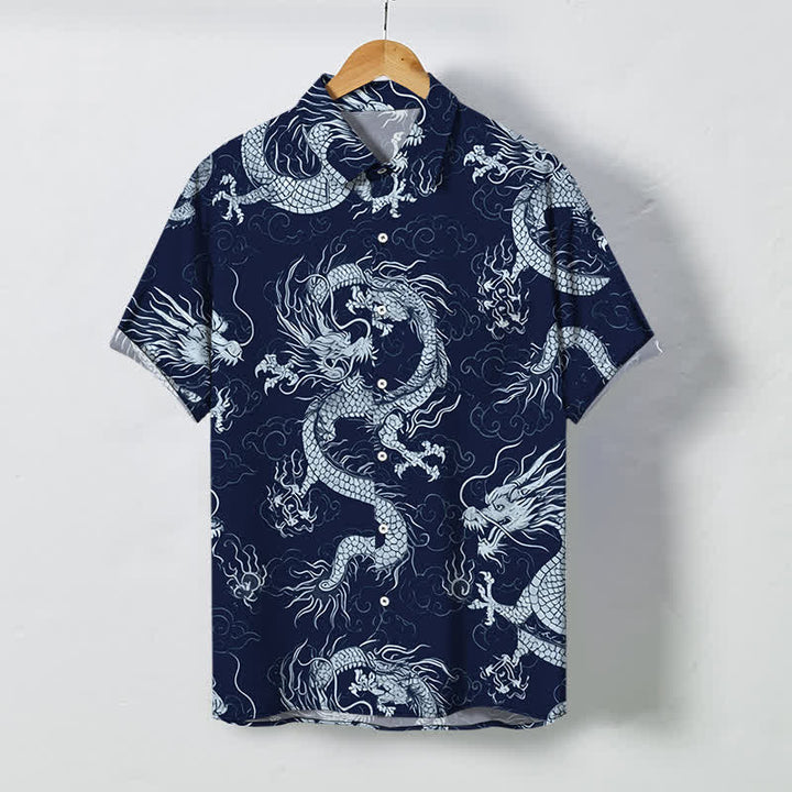 Buddha Stones 金龍雲模様ボタン付きしわになりにくいメンズ半袖シャツ - 海軍 - US/UK/AU48、 EU58 (4XL) - image 10