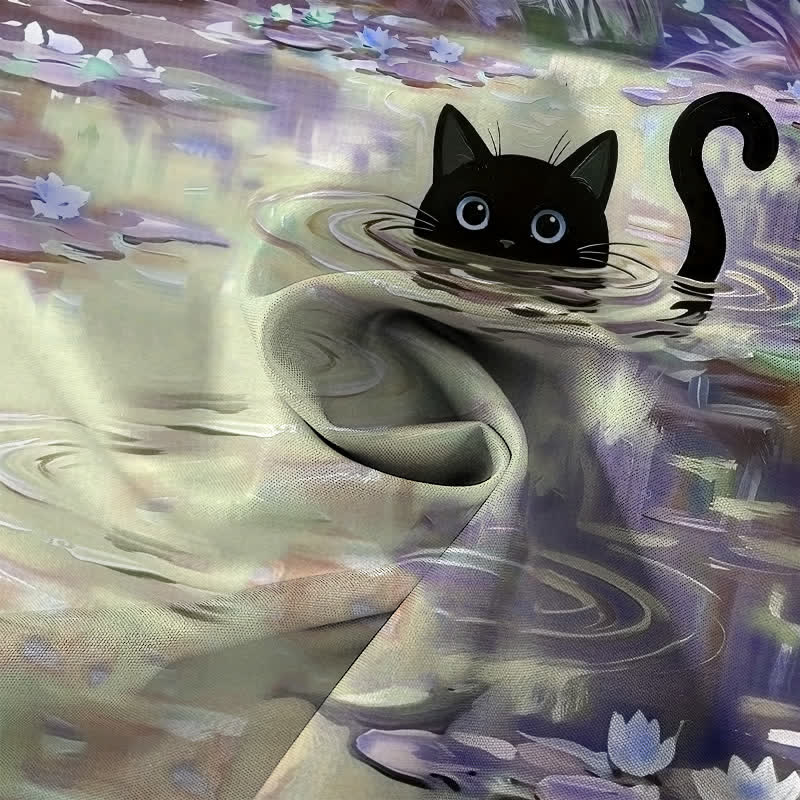 Buddha Stones 睡蓮と黒猫柄のボタンが付いた通気性の良いメンズ半袖シャツ - image 5