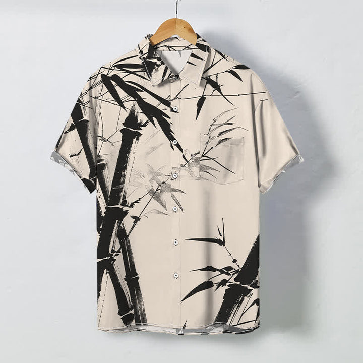 Buddha Stones 墨竹柄ボタン付きしわになりにくいメンズ半袖シャツ - 象牙 - US/UK/AU48、 EU58 (4XL) - image 0
