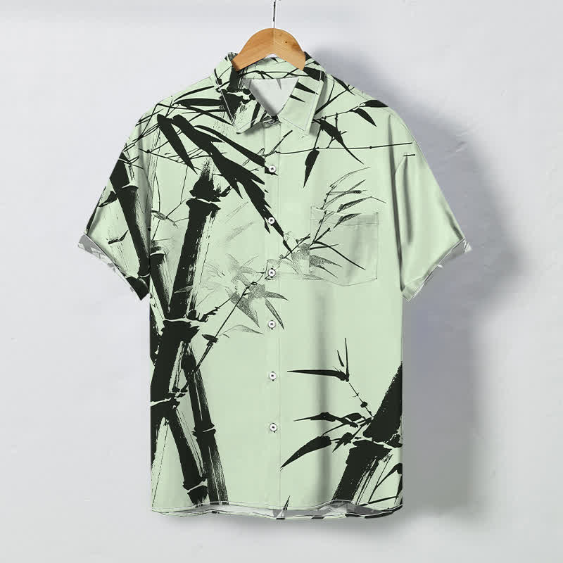 Buddha Stones 墨竹柄ボタン付きしわになりにくいメンズ半袖シャツ - 淡い緑色 - US/UK/AU48、 EU58 (4XL) - image 3