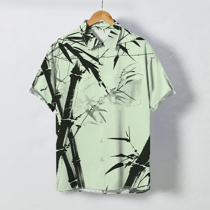 Buddha Stones 墨竹柄ボタン付きしわになりにくいメンズ半袖シャツ - 淡い緑色 - US/UK/AU48、 EU58 (4XL) - image 3