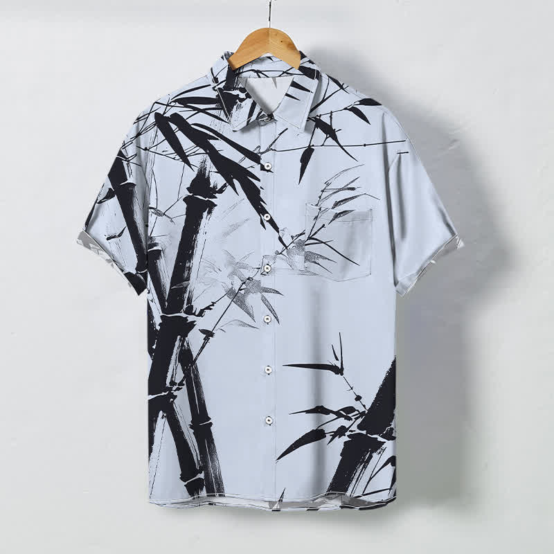 Buddha Stones 墨竹柄ボタン付きしわになりにくいメンズ半袖シャツ - 水色 - US/UK/AU48、 EU58 (4XL) - image 6