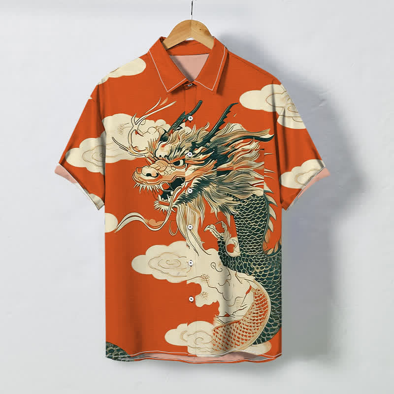 Buddha Stones 中国龍雲模様ボタン付きしわになりにくいメンズ半袖シャツ - オレンジ - US/UK/AU48、 EU58 (4XL) - image 0