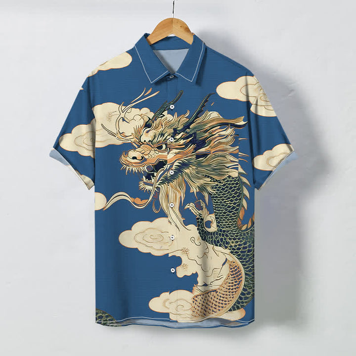 Buddha Stones 中国龍雲模様ボタン付きしわになりにくいメンズ半袖シャツ - ロイヤルブルー - US/UK/AU48、 EU58 (4XL) - image 6