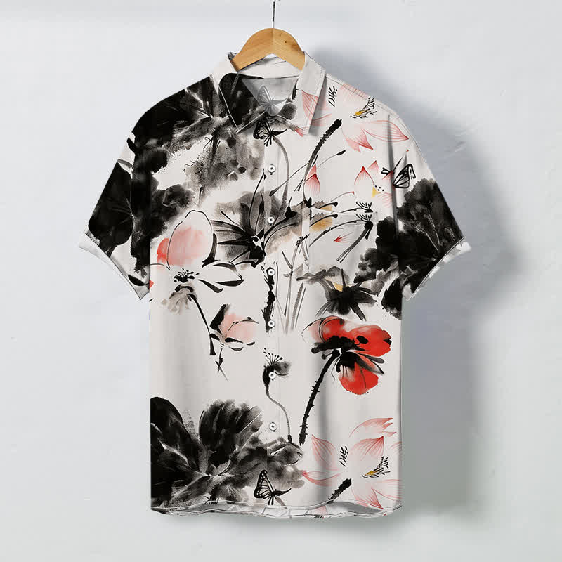 Buddha Stones インク花柄ボタン付き通気性メンズ半袖シャツ - ベージュ - US/UK/AU48、 EU58 (4XL) - image 0
