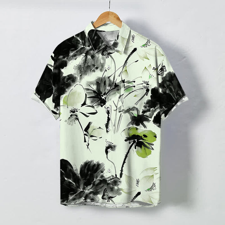 Buddha Stones インク花柄ボタン付き通気性メンズ半袖シャツ - 甘露 - US/UK/AU48、 EU58 (4XL) - image 3