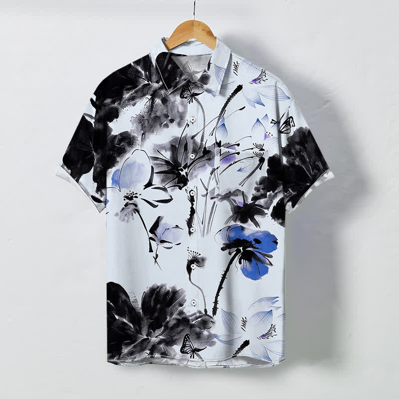 Buddha Stones インク花柄ボタン付き通気性メンズ半袖シャツ - 水色 - US/UK/AU48、 EU58 (4XL) - image 6
