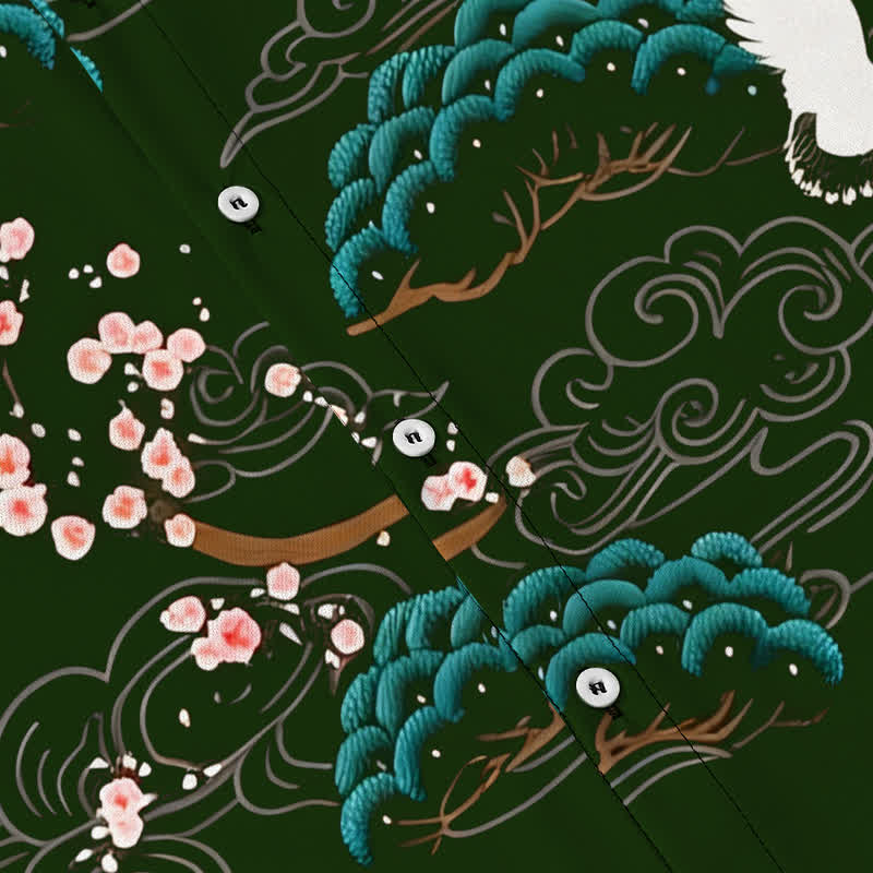 Buddha Stones 鶴と松の花と雲の模様のボタンが付いた通気性の良いメンズ半袖シャツ - image 8