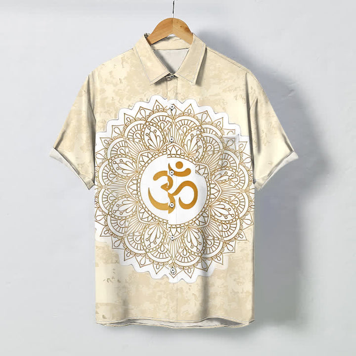 Buddha Stones オムマンダラ柄ボタン付き通気性メンズ半袖シャツ - ベージュ - US/UK/AU48、 EU58 (4XL) - image 0