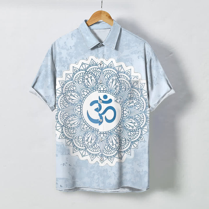 Buddha Stones オムマンダラ柄ボタン付き通気性メンズ半袖シャツ - 水色 - US/UK/AU48、 EU58 (4XL) - image 6