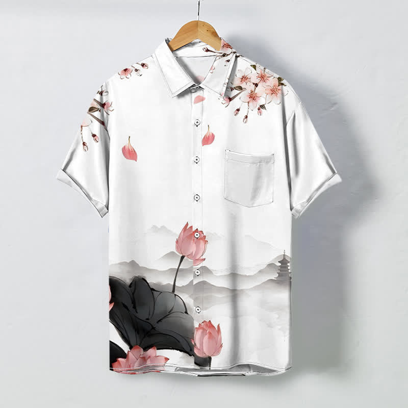 Buddha Stones 蓮山パゴダ柄ボタン付きしわになりにくいメンズ半袖シャツ - 白 - US/UK/AU48、 EU58 (4XL) - image 0