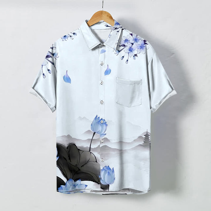 Buddha Stones 蓮山パゴダ柄ボタン付きしわになりにくいメンズ半袖シャツ - アリスブルー - US/UK/AU48、 EU58 (4XL) - image 6