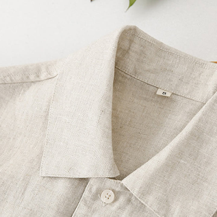 Buddha Stones 夏向けミニマリストボタンアップ無地コットンリネンメンズ半袖シャツ（ポケット付き） - image 9