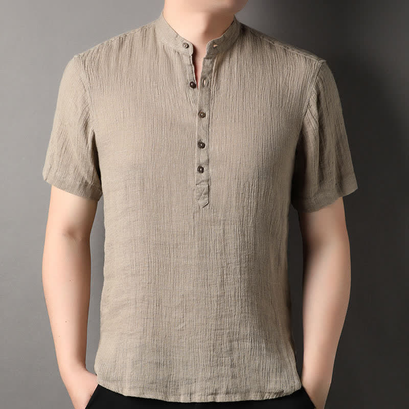 Buddha Stones 夏物カジュアル 唐スタイル マンダリンカラー 無地リネン メンズ半袖シャツ - タン - US/UK/AU44、 EU54 (4XL) - image 0