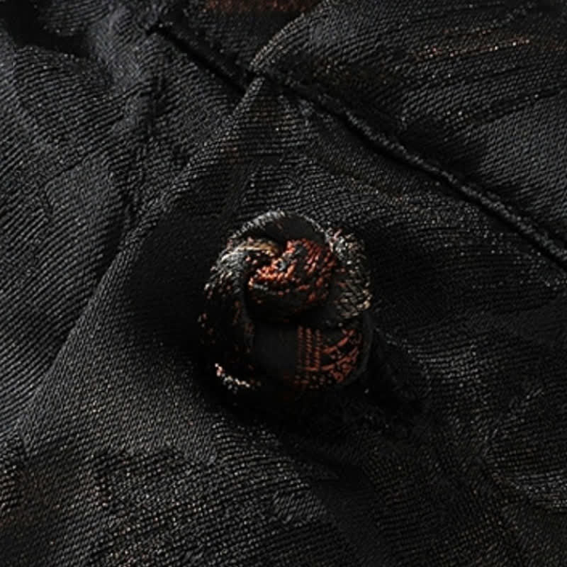 Buddha Stones 春夏向け唐風カジュアルマンダリンカラー竹蝶柄メンズ半袖シャツ - image 6