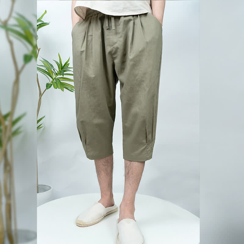 Buddha Stones 夏物カジュアルヴィンテージドローストリング無地メンズハーレムパンツ（ポケット付き） - image 2