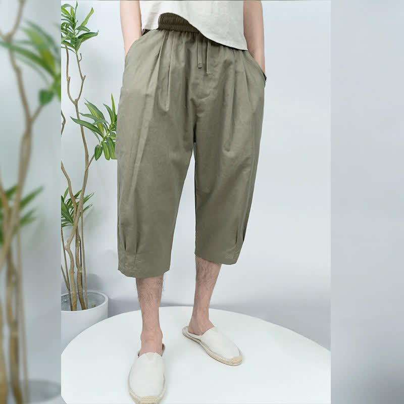 Buddha Stones 夏物カジュアルヴィンテージドローストリング無地メンズハーレムパンツ（ポケット付き） - image 1